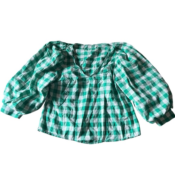 a new day Tops - A New Day Checked Gingham 3/4 Puff Sleeve‎ Top Green White Women's S